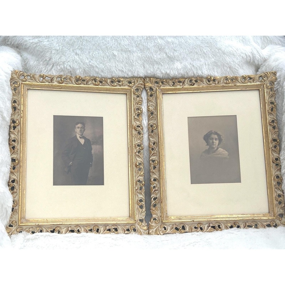Pair of Antique Wooden Ornate Gold Ivory Frames Portraits Man & Woman 10" x 12"